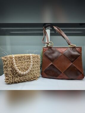 Express Brown Leather Patchwork Shoulder Bag & Tan Knit Bag W/Faux Pearl Handle
